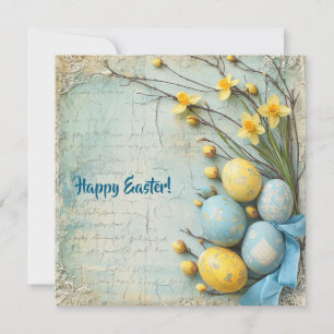 Cartes Pour Fêtes Annuelles Œufs de Pâques bleus et jaunes vintage et jonquill