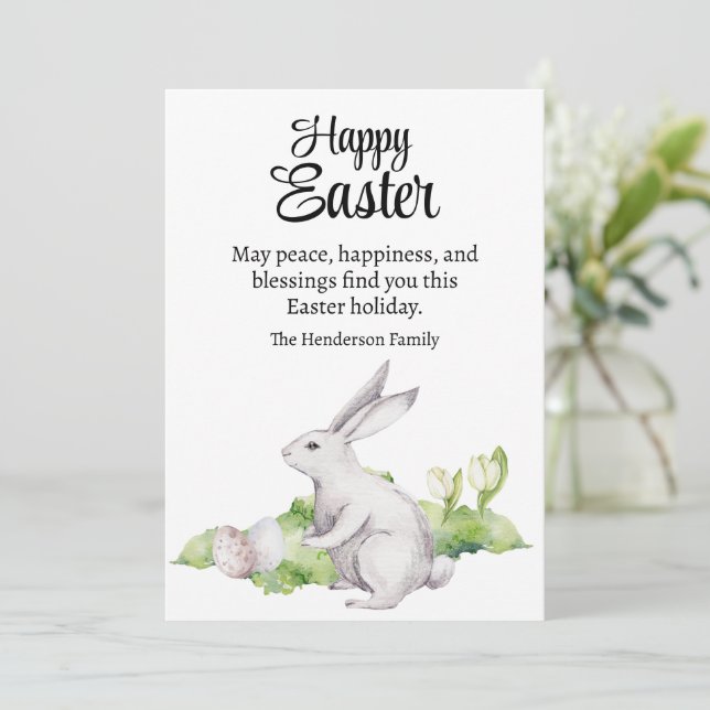 Cartes Pour Fêtes Annuelles Oeufs de Pâques et aquarelle de lapin blanc Joyeux (Debout devant)