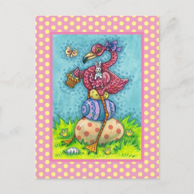 CARTES POUR FÊTES ANNUELLES OEUFS DE PÂQUES ET FLAMANT ROSE ROSE BÉBÉ AVEC BUN (Devant)