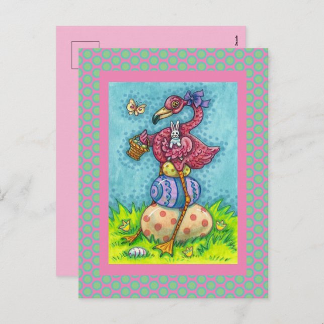 CARTES POUR FÊTES ANNUELLES OEUFS DE PÂQUES ET FLAMANT ROSE ROSE BÉBÉ AVEC BUN (Devant / Derrière)