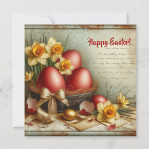 Cartes Pour Fêtes Annuelles Œufs de Pâques rouges rétro aquarelle et jonquille