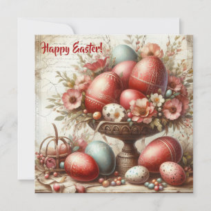 Cartes Pour Fêtes Annuelles Œufs de Pâques rouges rétro fantaisistes fleurs pr