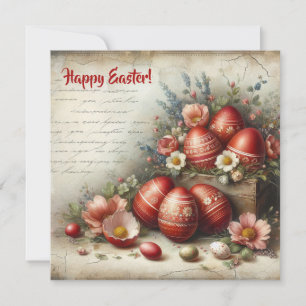 Cartes Pour Fêtes Annuelles Œufs de Pâques rouges rétro fantaisistes fleurs pr