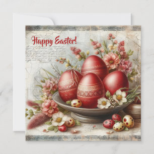 Cartes Pour Fêtes Annuelles Œufs de Pâques rouges rétro fleurs de printemps aq