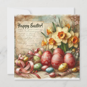 Cartes Pour Fêtes Annuelles Œufs de Pâques rouges vintage aquarelle jonquilles