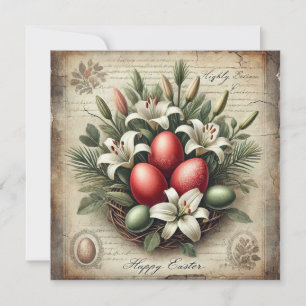 Cartes Pour Fêtes Annuelles Œufs de Pâques rouges vintage fleurs de lys rétro