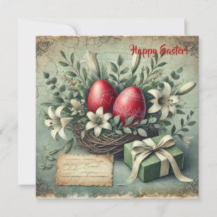 Cartes Pour Fêtes Annuelles Œufs de Pâques rouges vintage fleurs de lys rétro