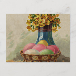 Cartes Pour Fêtes Annuelles Oeufs Pâques Panier Fleurs Antique