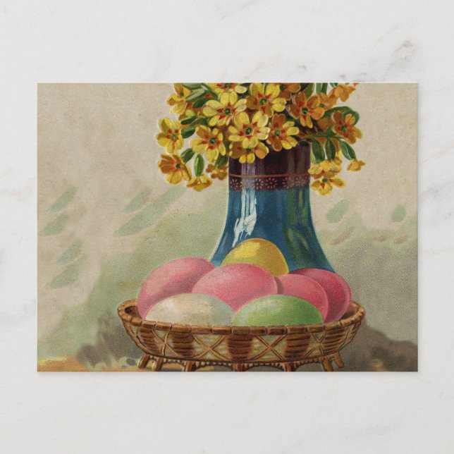Cartes Pour Fêtes Annuelles Oeufs Pâques Panier Fleurs Antique (Devant)