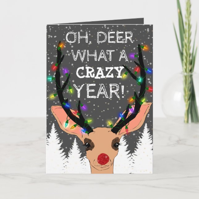 Cartes Pour Fêtes Annuelles Oh Deer Crazy Année Lumières de rennes Noël (Devant)