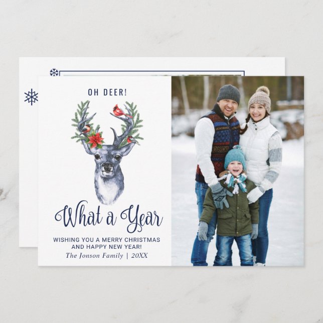 Cartes Pour Fêtes Annuelles Oh Deer What a Year Joyeux Noël Grey PHOTO (Devant / Derrière)