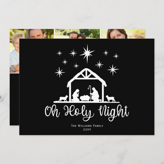Cartes Pour Fêtes Annuelles Oh Holy Night Script Typography Nativité 3 Photo (Devant / Derrière)