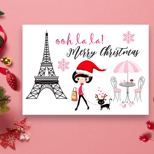 Cartes Pour Fêtes Annuelles Oh La Girl et Cat Paris Tour Eiffel Noël (Créateur téléchargé)