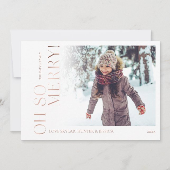 Cartes Pour Fêtes Annuelles Oh So Merry | White Minimal Rose Gold Family Photo (Devant)