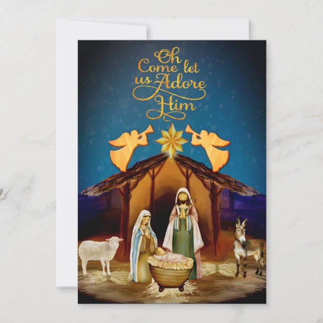Cartes Pour Fêtes Annuelles "Oh venez adorons-Le" Nativité Noël (Devant)