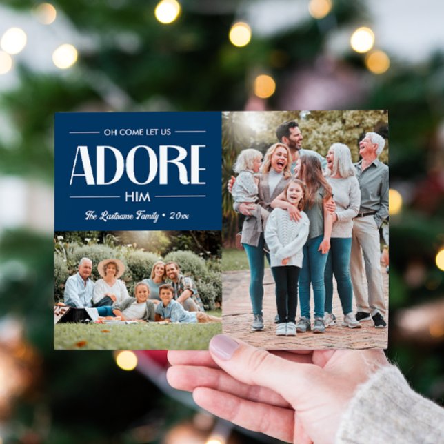 Cartes Pour Fêtes Annuelles Oh Viens Laissez-Nous L'Adorer BLUE Christian 2 Ph (CHRISTIAN RELIGIOUS CHRISTMAS TWO PHOTO TEMPLATE LANDSCAPE VERTICALE WITH FAMILY NAME)