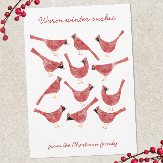 Cartes Pour Fêtes Annuelles Oiseau Cardinal de Fête Aquarelle Personnalisée (Fun red and white watercolor Cardinal bird personalized Christmas Holiday card)