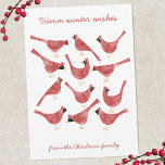 Cartes Pour Fêtes Annuelles Oiseau Cardinal Festif Aquarelle Personnalisée<br><div class="desc">Petits Cardinaux amusants et festifs en rouge et blanc,  parfaits pour Noël et l'hiver. Changez le nom et la salutation pour personnaliser,  et ajoutez votre propre libellé au verso,  ou laissez vierge si vous préférez.  Art original de Nic Squirrell.</div>