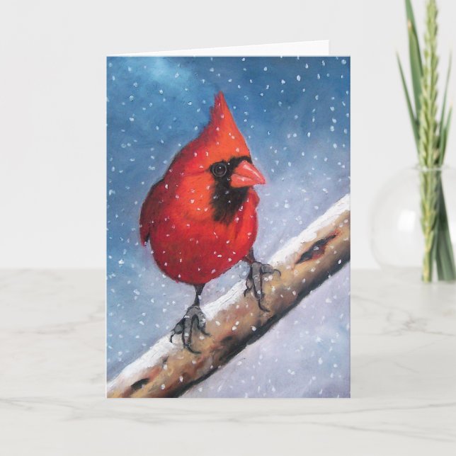 CARTES POUR FÊTES ANNUELLES OISEAU : CARDINAL : NEIGE : HUILE PASTEL ART (Devant)