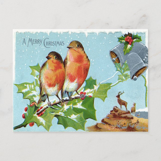 Cartes Pour Fêtes Annuelles Oiseau de Noël Oiseau chanteur Holly Snow Reindeer (Devant)