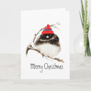 Cartes Pour Fêtes Annuelles Oiseau mignon d'hiver dans le casquette, Noël,