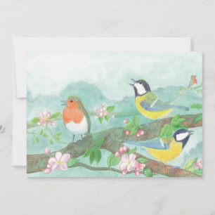 Cartes Pour Fêtes Annuelles Oiseaux chantant sur une branche d'arbre en fleurs