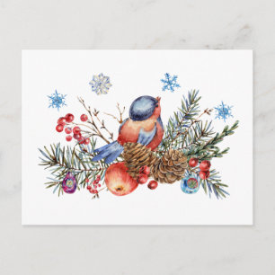 Cartes Pour Fêtes Annuelles Oiseaux de Noël, baies rouges et flocons de neige