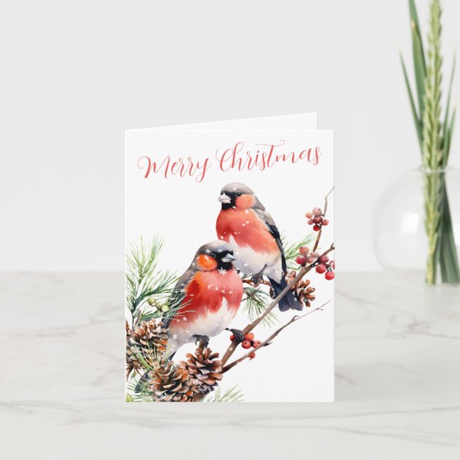 Cartes Pour Fêtes Annuelles Oiseaux de Noël Red Bullfinch Berries & Pine Cônes (Devant)
