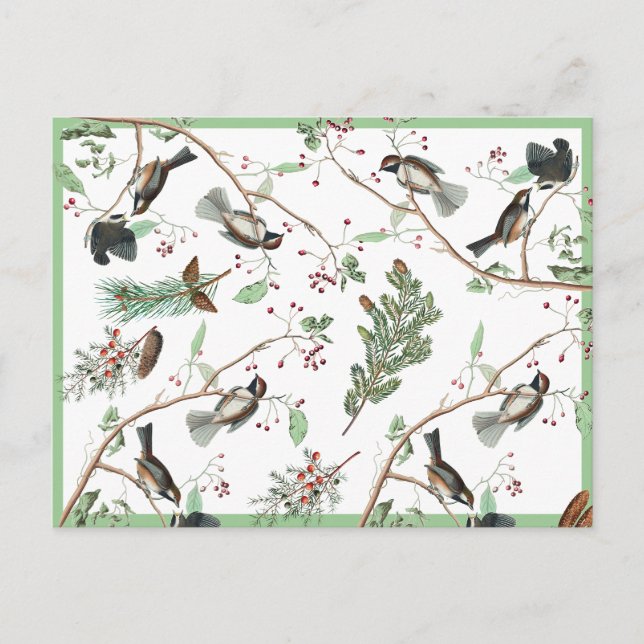 Cartes Pour Fêtes Annuelles Oiseaux de poulet Baies et Pinecones Aquarelle (Devant)
