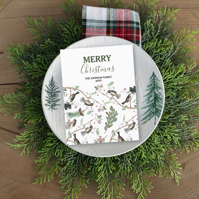 Cartes Pour Fêtes Annuelles Oiseaux de poulet Baies et Pinecones Noël (Chickadee Birds Berries & Pinecones Christmas Holiday Postcard)