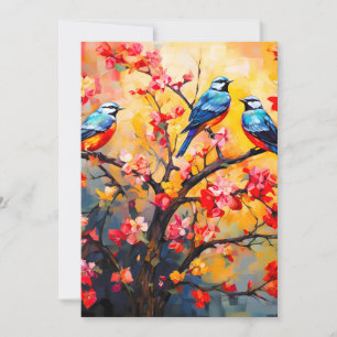 Cartes Pour Fêtes Annuelles Oiseaux de printemps colorés en fleurs