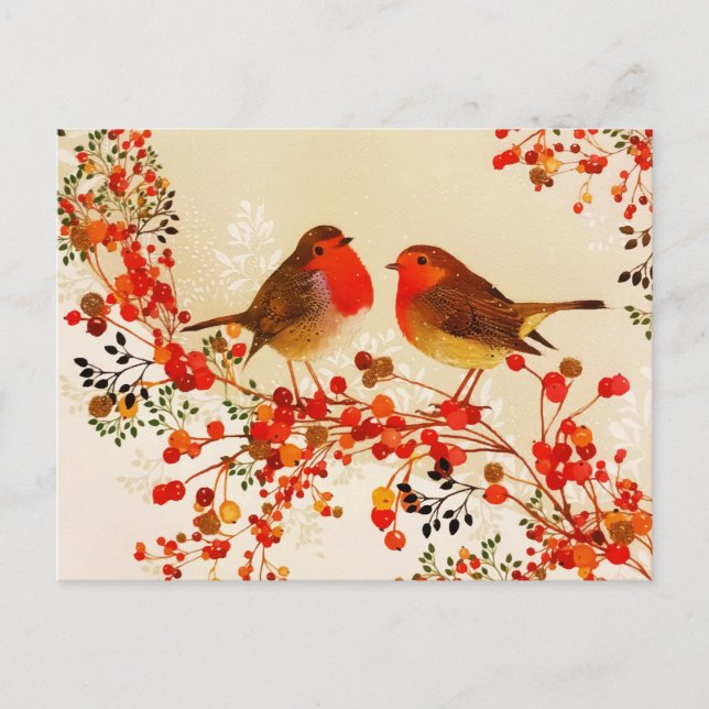 Cartes Pour Fêtes Annuelles Oiseaux d'hiver en or rouge Baies de houx Branches (Devant)