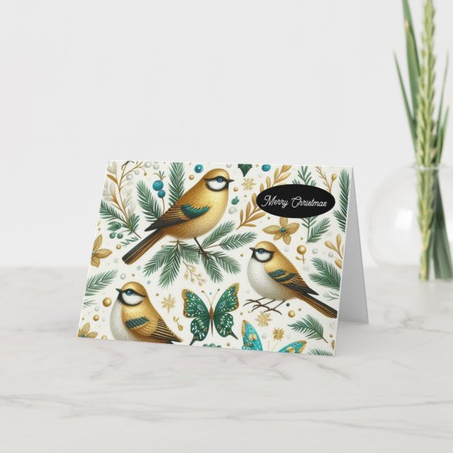 Cartes Pour Fêtes Annuelles Oiseaux d'or et papillon émeraude (Devant)
