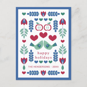 Cartes Pour Fêtes Annuelles Oiseaux et feuilles d'art populaire nordique heure