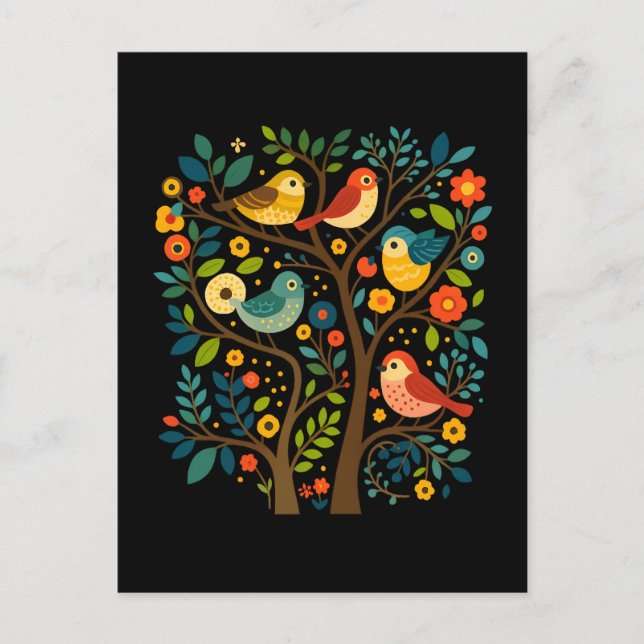 Cartes Pour Fêtes Annuelles Oiseaux et fleurs Art populaire scandinave (Devant)