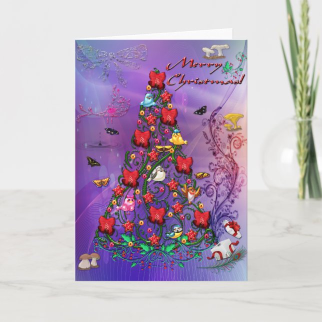 Cartes Pour Fêtes Annuelles Oiseaux et papillons Arbre de Noël Art (Devant)