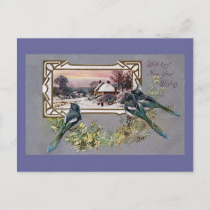 Cartes Pour Fêtes Annuelles Oiseaux et paysage hivernal Nouvel An Vintage