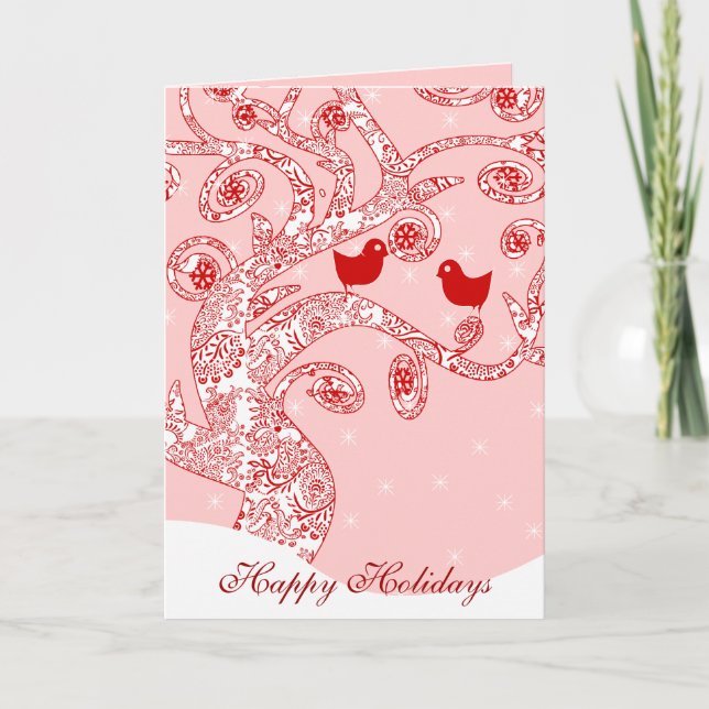 Cartes Pour Fêtes Annuelles Oiseaux mignons Damask Swirl Tree étoiles Joyeuses (Devant)