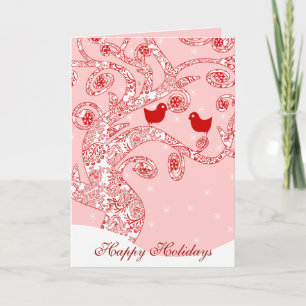 Cartes Pour Fêtes Annuelles Oiseaux mignons Damask Swirl Tree étoiles Joyeuses