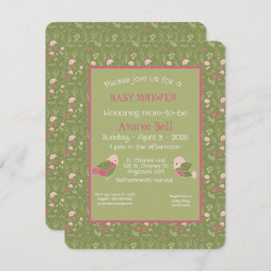 Cartes Pour Fêtes Annuelles Oiseaux mignons verts et roses Baby Girl Douche