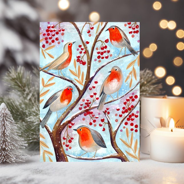 Cartes Pour Fêtes Annuelles Oiseaux rouges et bleus de Robin dans un arbre aux (Cute Bird Red Robin Blue Christmas Family Holiday Card)