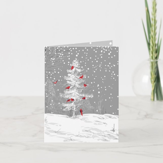 Cartes Pour Fêtes Annuelles Oiseaux rouges, Noël blanc, Pin neige, (Devant)