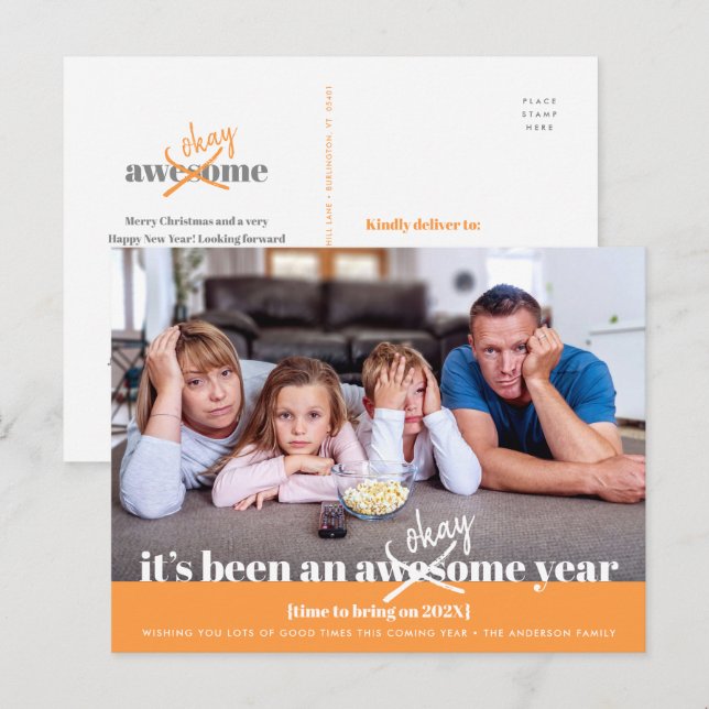 Cartes Pour Fêtes Annuelles OK Nouvel An Gras Moderne Funny Photo Orange (Devant / Derrière)