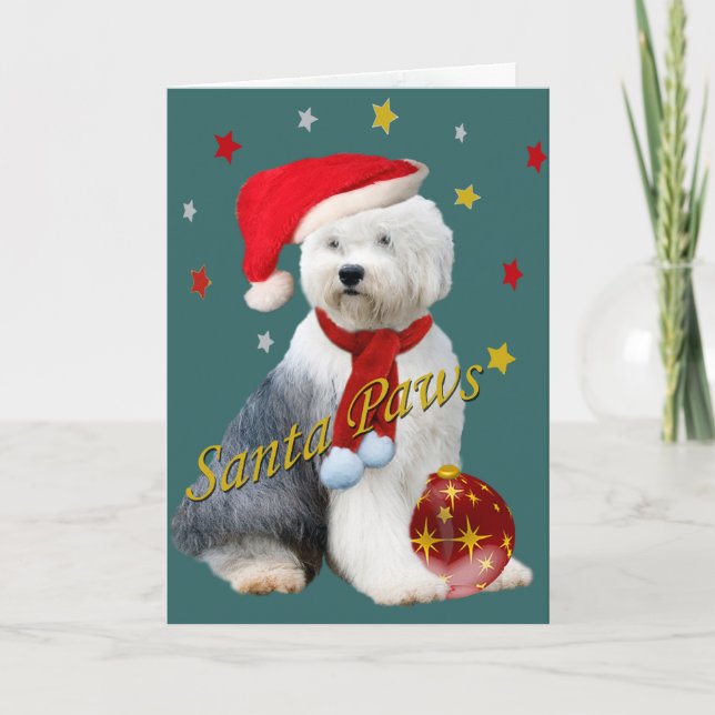Cartes Pour Fêtes Annuelles Old English Sheepdog Père Noël Paws (Devant)