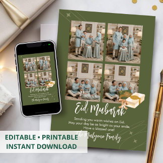 Cartes Pour Fêtes Annuelles Olive Green 4 Photo Collage Eid Mubarak Card