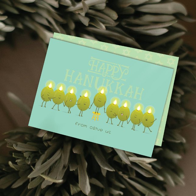 Cartes Pour Fêtes Annuelles Oliviers de Hanoukka Menorah | Groupe vert turquoi (Créateur téléchargé)