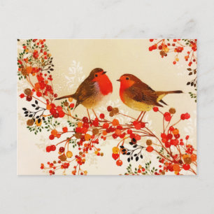 Cartes Pour Fêtes Annuelles Or Branches de Houx Oiseaux d'Hiver Or Rouge