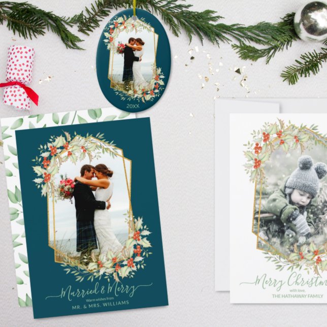 Cartes Pour Fêtes Annuelles Or et Holly marié & Joyeux | Photo géométrique (Créateur téléchargé)