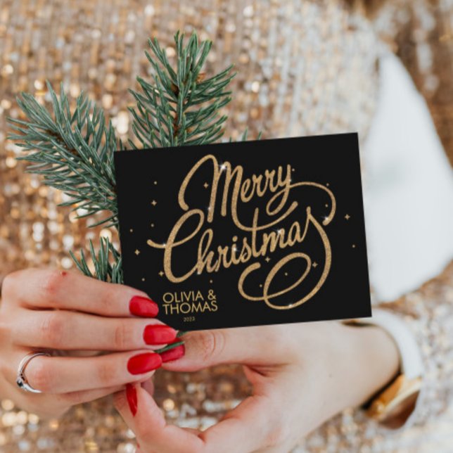 Cartes Pour Fêtes Annuelles Or Joyeux Noël en or noir gras 2023 (Merry Christmas Elegant Black & Gold Script Holiday Postcard, Modern Minimalist Christmas Cards)
