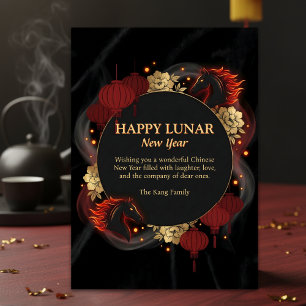 Cartes Pour Fêtes Annuelles Or noir 2026 Cheval Nouvel An lunaire chinois
